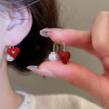 Retro Hong Kong Style Strawberry Heart Faux Pearl Stud Earrings With Silver Needle Posts view 3