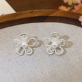 Silver Needle Hollow Flower Faux Pearl Stud Earrings Minimalist Elegant Fashion Ear Jewelry view 3