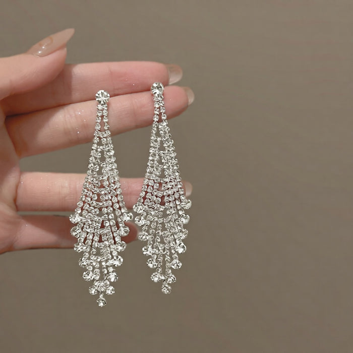 Elegant Geometric Copper Drop Earrings With Rhinestone Tassel And Silver Needle Posts