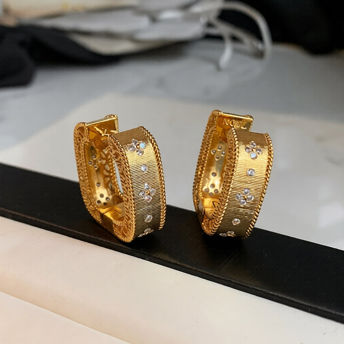 French Vintage Copper Zircon Square Ear Cuff Earrings For Women Light Luxury Geometric Jewelry