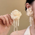 Fabric Flower Artificial Crystal Tassel Drop Earrings Elegant Floral Silver Needle Stud Style view 1
