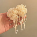 Fabric Flower Artificial Crystal Tassel Drop Earrings Elegant Floral Silver Needle Stud Style view 2