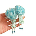 Fabric Flower Artificial Crystal Tassel Drop Earrings Elegant Floral Silver Needle Stud Style view 5
