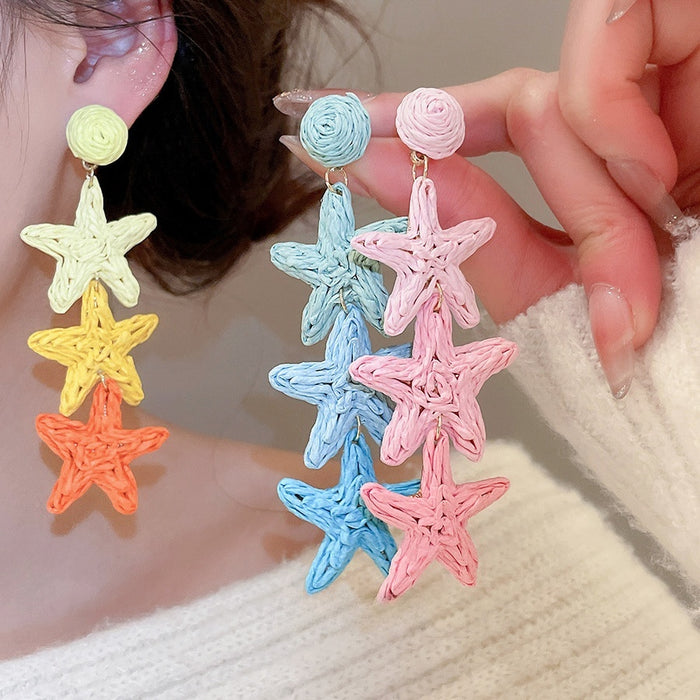 Raffia Star Tassel Drop Earrings With Iron Alloy Posts, Vacation Dopamine Style