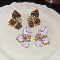 Vintage Alloy Enamel Flower Drop Earrings With Rhinestone Inlay And Silver Pin For Women view 2
