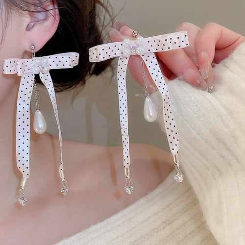 Korean Sweet Bow Stud Earrings With Faux Pearl Zircon Polka Dot Geometric Elegant Design