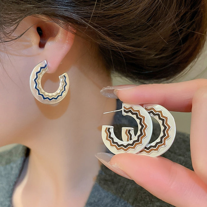 Vintage Copper Round Enamel Geometric Drop Earrings With Silver Pins For Women