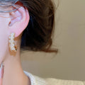 Gold Plated Copper C Shape Zircon Pearl Drop Earrings With Silver Pins, Light Luxury Vintage Style view 4