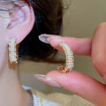 Gold Plated Copper C Shape Zircon Pearl Drop Earrings With Silver Pins, Light Luxury Vintage Style view 2