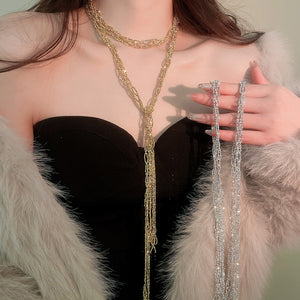 Old Money Geometric Faux Crystal Hollow Tassel Sweater Necklace Light Luxury Choker
