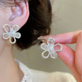 Faux Pearl Hollow Flower Stud Earrings With Silver Pin, Elegant Minimalist Niche Style Jewelry view 2