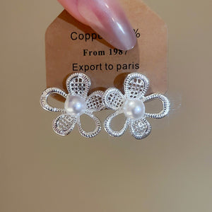 Faux Pearl Hollow Flower Stud Earrings With Silver Pin, Elegant Minimalist Niche Style Jewelry