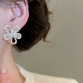 Faux Pearl Hollow Flower Stud Earrings With Silver Pin, Elegant Minimalist Niche Style Jewelry view 4