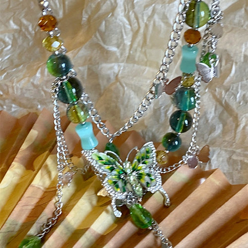 Light Luxury Alloy Multi Layer Glass Rhinestone Butterfly Tassel Collarbone Necklace