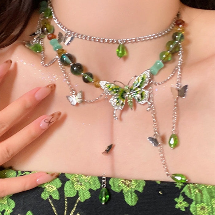 Light Luxury Alloy Multi Layer Glass Rhinestone Butterfly Tassel Collarbone Necklace