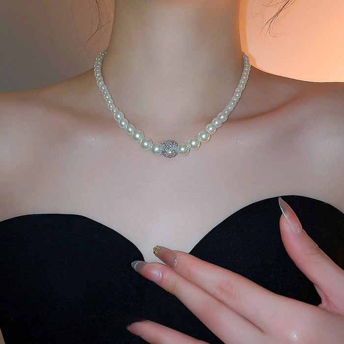 French Vintage Zircon Faux Pearl Geometric Round Old Money Collarbone Necklace