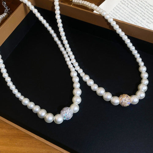 French Vintage Zircon Faux Pearl Geometric Round Old Money Collarbone Necklace