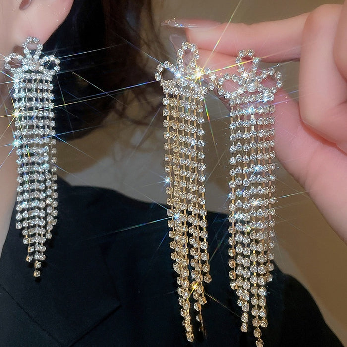 Geometric Copper Rhinestone Long Tassel Drop Earrings With Silver Pins Minimalist Western Style