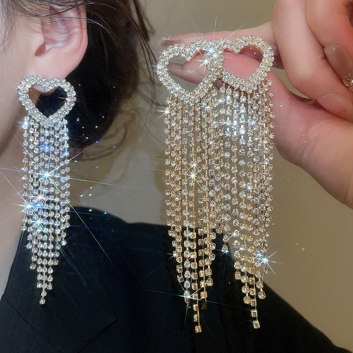 Copper Heart Tassel Drop Earrings With Zircon Inlay, Light Luxury European Style