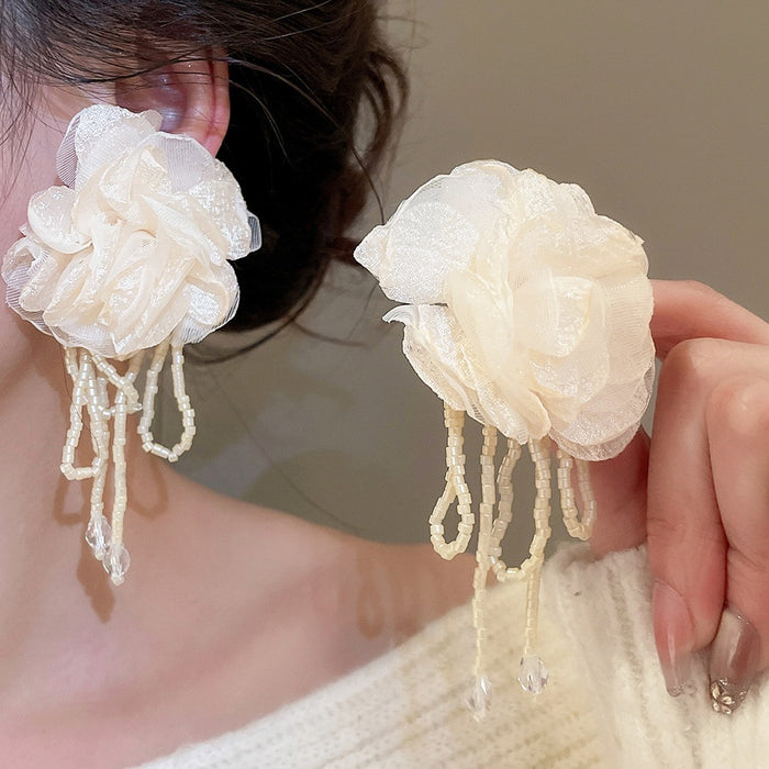 Elegant Chiffon Flower Faux Crystal Tassel Drop Earrings With Silver Needle