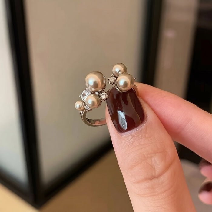 Zircon Pearl Flower Open Ring For Women