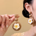 Raffia Round Flower Stud Earrings For Women, Beach Vacation Boho Statement Jewelry view 4