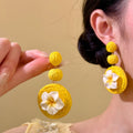 Raffia Round Flower Stud Earrings For Women, Beach Vacation Boho Statement Jewelry view 2
