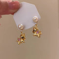 Silver Needle Zircon Enamel Horse Faux Pearl Stud Earrings, Vintage Light Luxury Zodiac Jewelry view 4
