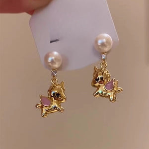 Silver Needle Zircon Enamel Horse Faux Pearl Stud Earrings, Vintage Light Luxury Zodiac Jewelry