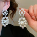 French Vintage Faux Pearl Round Zircon Silver Post Drop Earrings For Women view 3