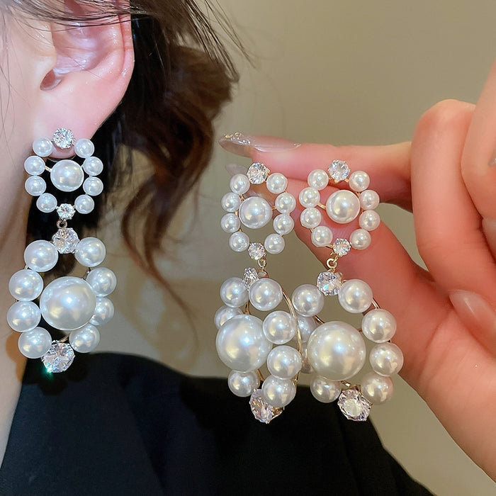 French Vintage Faux Pearl Round Zircon Silver Post Drop Earrings For Women