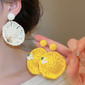 Raffia Woven Straw Hat Flower Drop Earrings For Women Vacation Style Silver Needle Ear Jewelry view 1