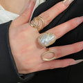 European American Faux Pearl Crinkle Stripe Open Bangle Ring Geometric Statement Jewelry view 3