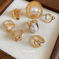 European American Faux Pearl Crinkle Stripe Open Bangle Ring Geometric Statement Jewelry view 2