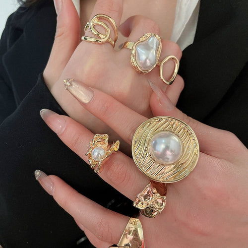 European American Faux Pearl Crinkle Stripe Open Bangle Ring Geometric Statement Jewelry