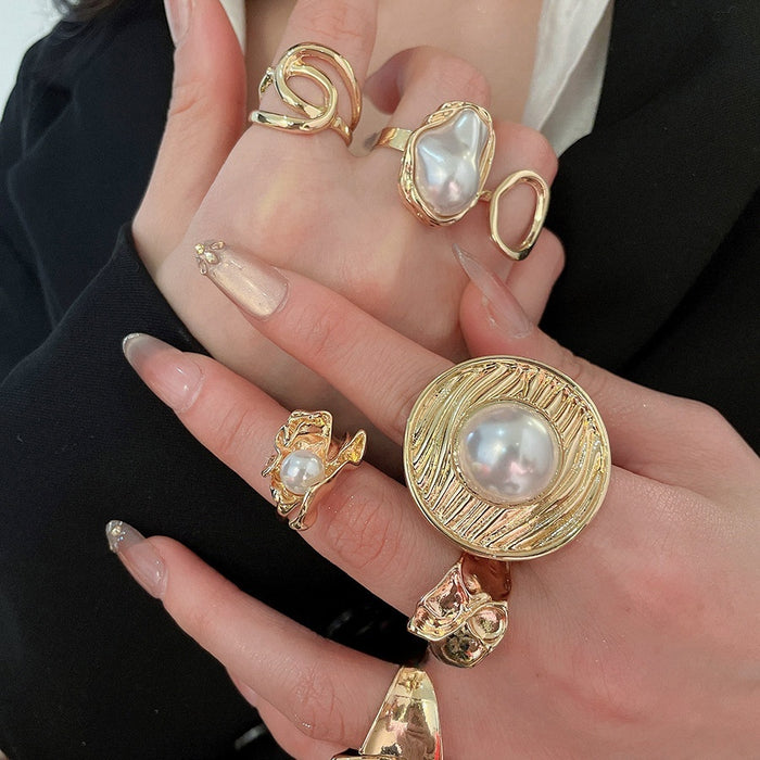 European American Faux Pearl Crinkle Stripe Open Bangle Ring Geometric Statement Jewelry