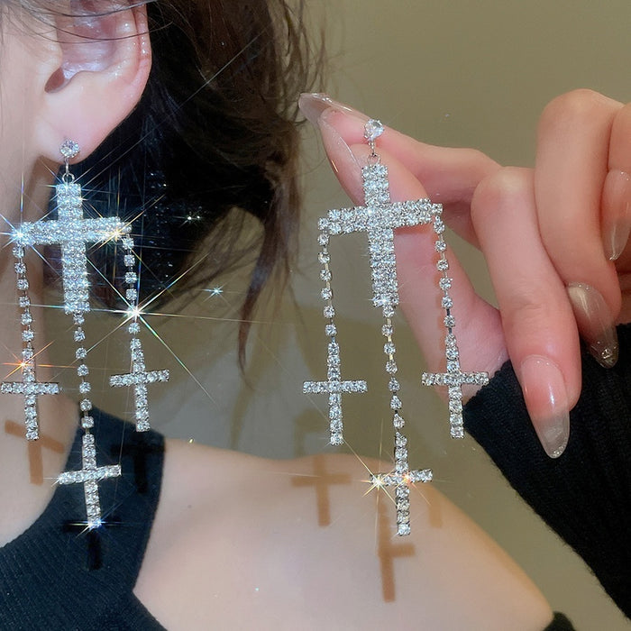 Copper Rhinestone Cross Tassel Drop Earrings For Women, Geometric Trendy Light Luxury Style