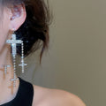 Copper Rhinestone Cross Tassel Drop Earrings For Women, Geometric Trendy Light Luxury Style view 3