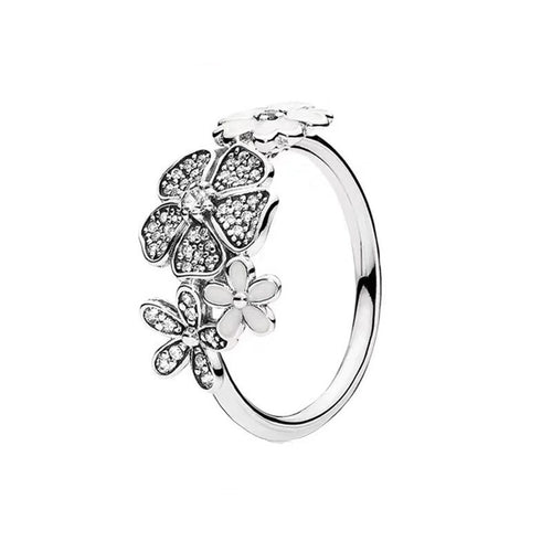 silver-tone floral and leaf open ring shown from a side angle
