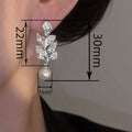 Micro Pave Sparkling Leaf Earrings For Women With Faux Pearl, Light Luxury Designer Jewelry view 4
