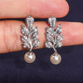 Micro Pave Sparkling Leaf Earrings For Women With Faux Pearl, Light Luxury Designer Jewelry view 2