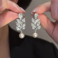 Micro Pave Sparkling Leaf Earrings For Women With Faux Pearl, Light Luxury Designer Jewelry view 1