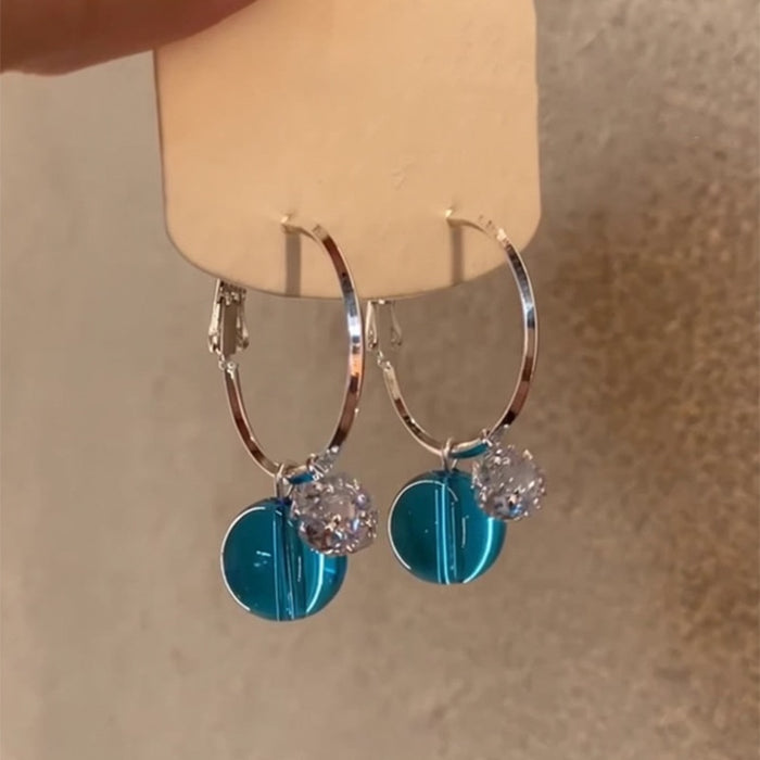 Glass Round Pendant Hoop Earrings With Silver Pin, Light Luxury Playful Geometric Casual Style