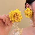 Sweet Floral Fabric Faux Pearl Drop Earrings With Silver Needle Elegant Vacation Style view 2