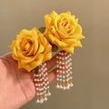 Sweet Floral Fabric Faux Pearl Drop Earrings With Silver Needle Elegant Vacation Style view 1