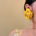 Sweet Floral Fabric Faux Pearl Drop Earrings With Silver Needle Elegant Vacation Style view 4