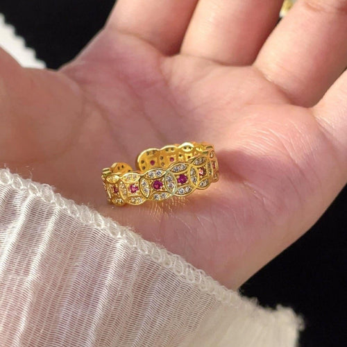 Gold Plated Copper Zircon Chinese Coin Open Ring For Women Retro Geometric Adjustable Ring