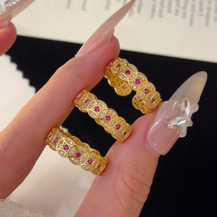 Gold Plated Copper Zircon Chinese Coin Open Ring For Women Retro Geometric Adjustable Ring