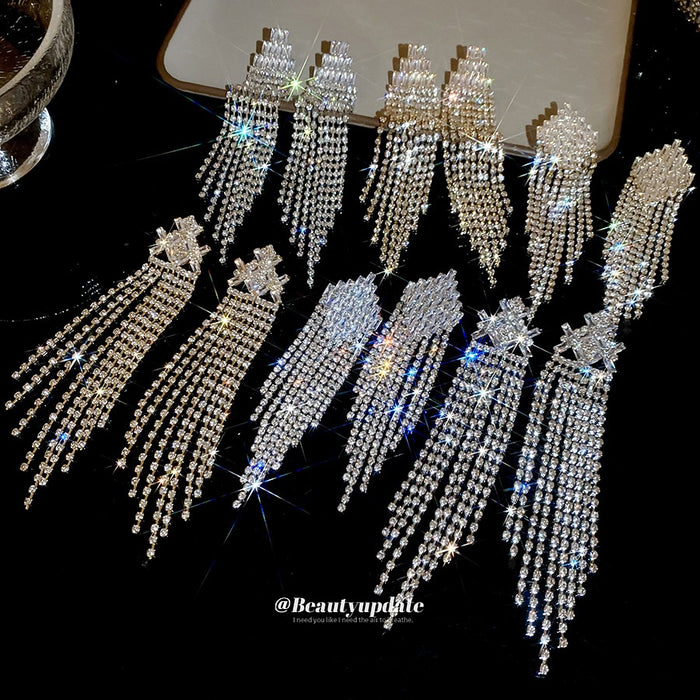 Copper Zircon Geometric Rhombus Tassel Drop Earrings With Silver Needle, Court Style