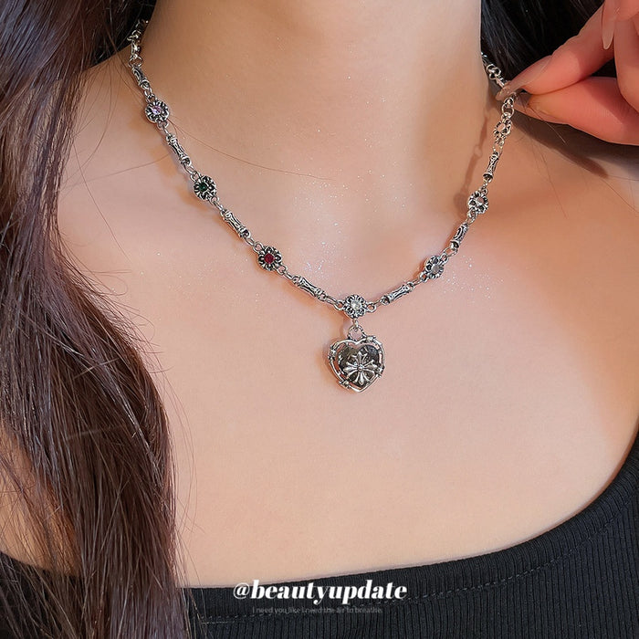 Alloy Rhinestone Heart Cross Sweater Necklace For Women, Sweet Cool Minimalist Light Luxury Style